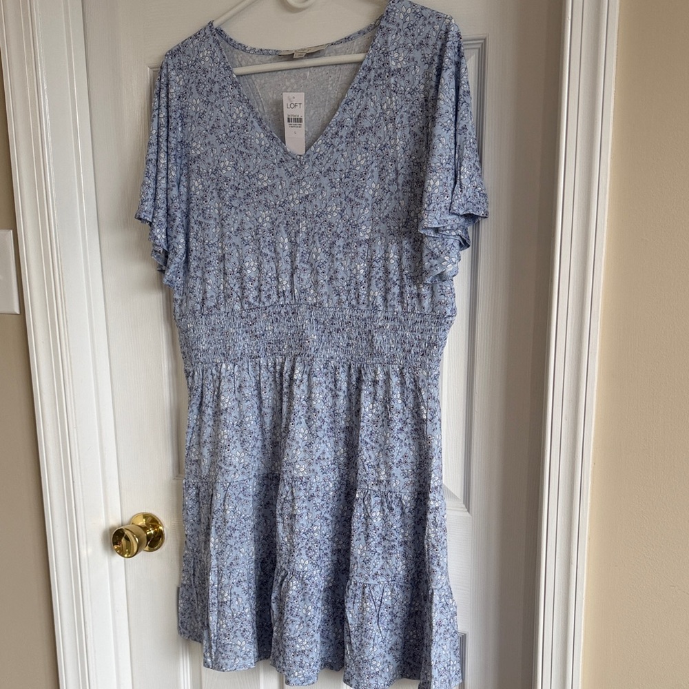 NWT LOFT Blue Ditsy Floral Smocked Mini Dress - Picture 4 of 11